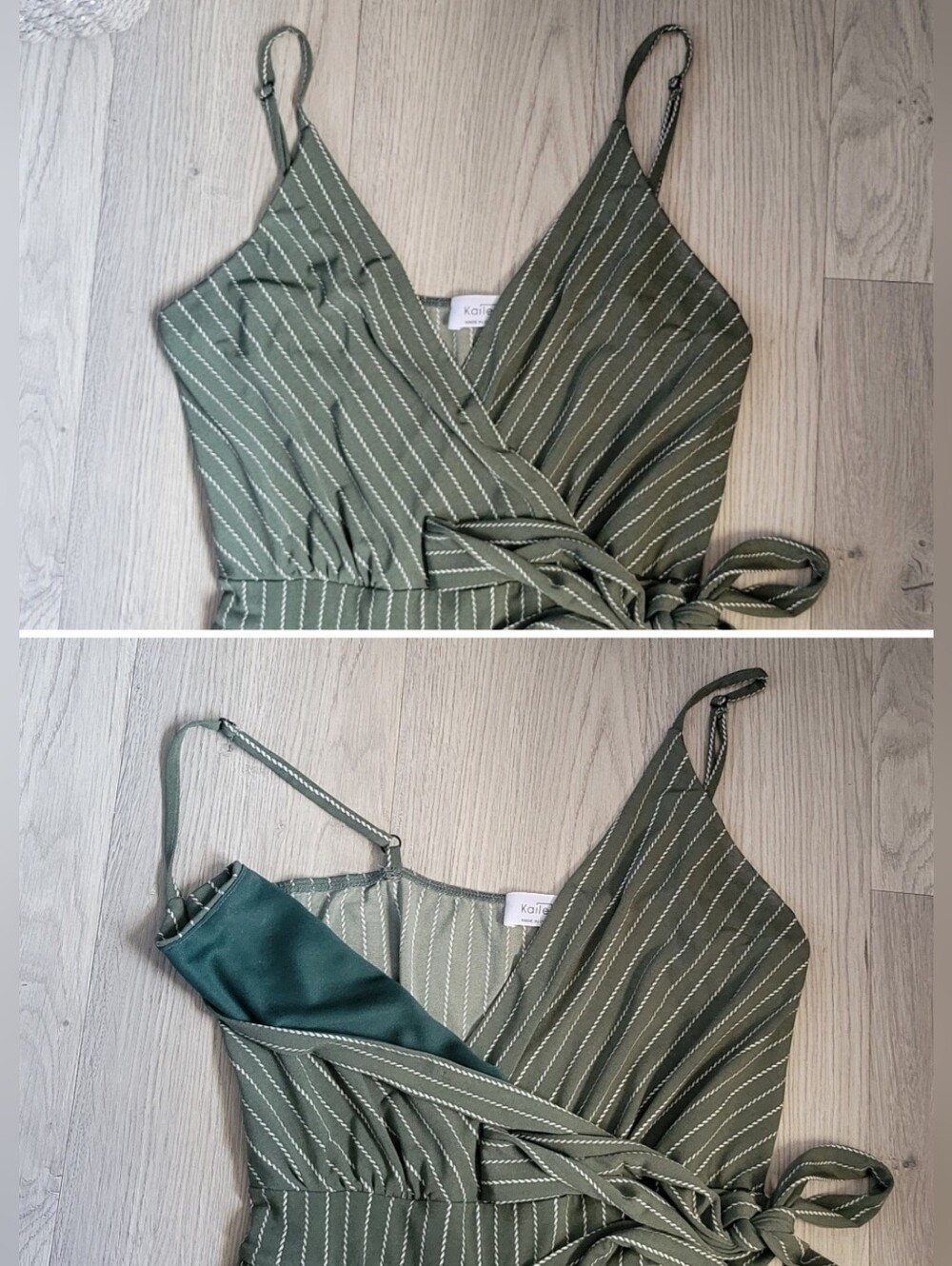 Kaileigh Rica Knit Crop Jumpsuit Olive Stripe V-Neck, Wide-Leg Sleeveless, Small - Picture 3 of 16
